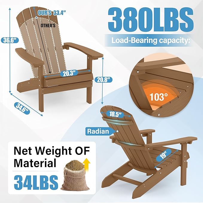YEFU Plastic Adirondack Chairs Set of 2: Weather Resistant HIPS Composite Adirondack Chair for Outdoor Use - Oversized Backrest Fire Pit Chairs for Adults Outside Relaxation Leisure Party (Teak)