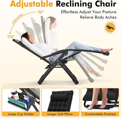Slendor Oversized Zero Gravity Chairs XXL, 33In Padded Zero Gravity Lounge Chair, Lawn Recliner, Folding Patio Reclining Chair w/Aluminum Alloy Lock, Headrest, Cup Holder, Support 500lbs, Black
