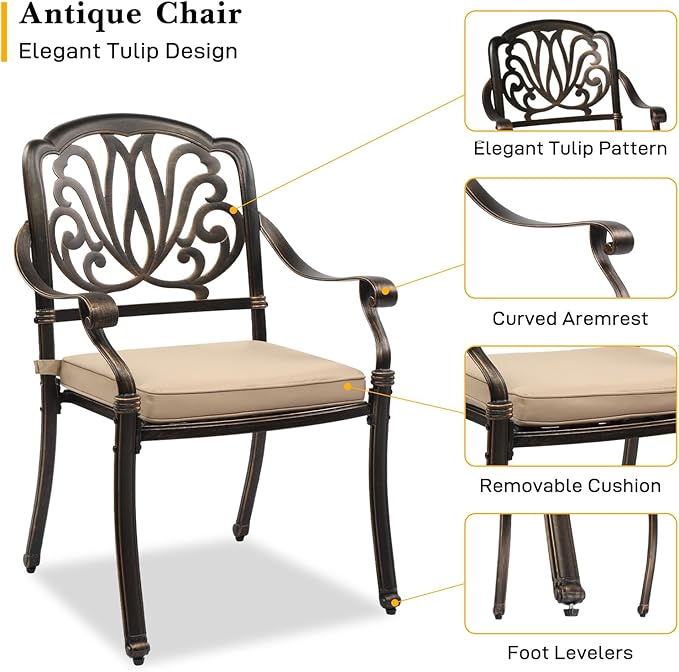 VINGLI Outdoor Dining Chairs Set of 4 with Cushion Aluminum Patio Chairs, Cast Aluminum Patio Furniture Aluminum Outdoor Chairs for Backyard, Poolside, Balcony Bronze (4, Elizabeth Back with Cushion)