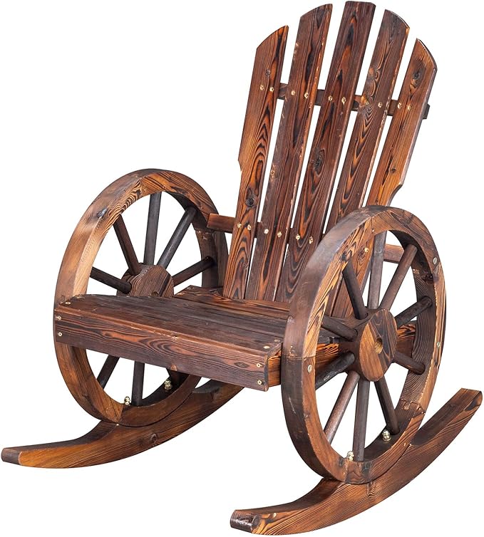 Outvita Adirondack Rocking Chair, Wood Wagon Rocker, Outdoor Wooden Carbonized Lounge Chairs with Wheel Armrest for Garden Patio Country Yard Porch, Fir