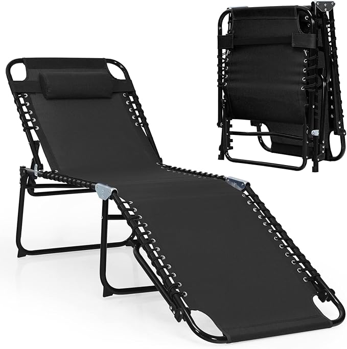 Giantex Patio Chaise Lounge Chair - 16” High Folding Tanning Chair with Removable Headrest, 4-Gear Backrest, 2-Position Anti-Skid Foot-Pads, Portable Sunbathing Beach Chair, Camping Cot, Grey