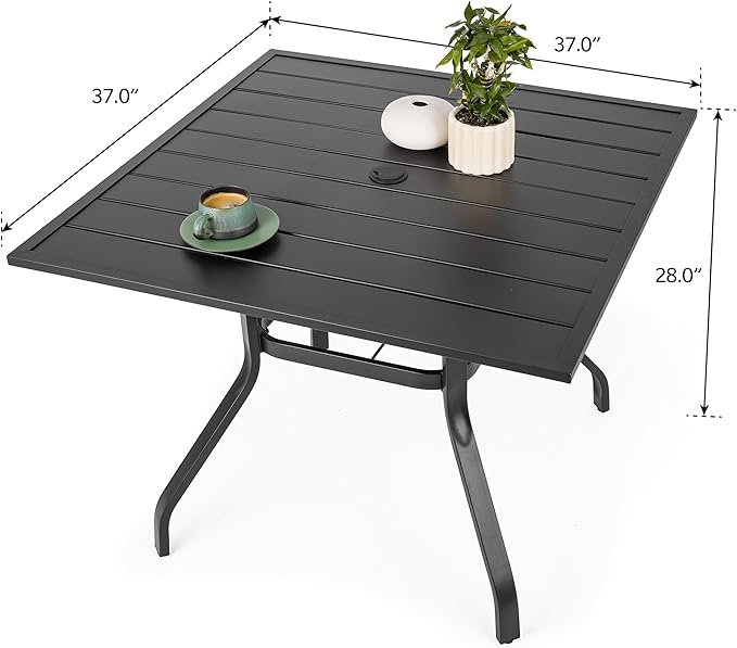 Sour Citrus 37" Outdoor Square Metal Patio Dining Table with Umbrella Hole, Weather-Resistant Table for Garden, Backyard, Balcony, or Deck, Black