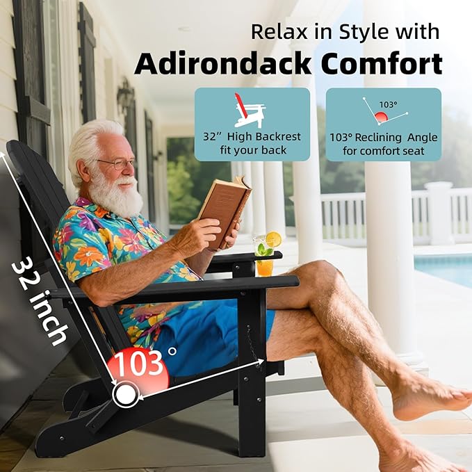 Folding Adirondack Chair, HDPE Plastic Black Adirondack Chairs Weather Resistant - Photo 4