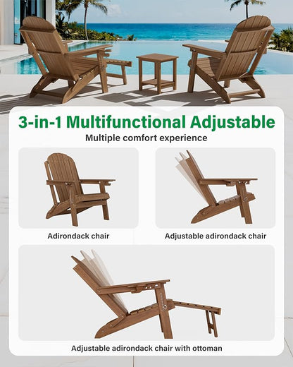 YEFU Adirondack Chair with Retractable Ottoman: Adjustable Folding Adirondack Chairs with Cup Holder - HDPE Plastic Fire Pit Chairs Set of 8 - All Weather for Outdoor/Patio/Pool/Lawn(Shallow Walnut)