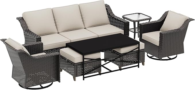 7 Pieces Outdoor Conversation Furniture Set - 77" Patio Sofa, 2 Swivel Rocker Chairs, 2 Ottomans, 1 Side Table - Photo 7