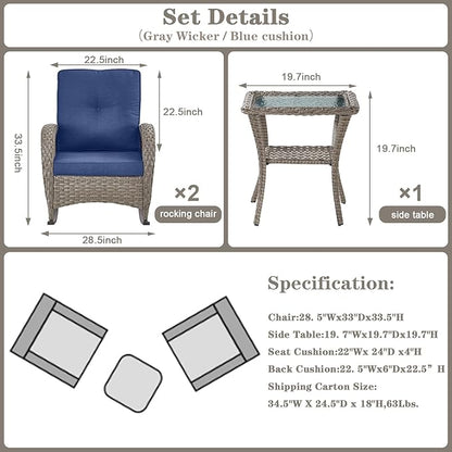 Belord Patio Rocking Chairs Wicker Set - Outdoor Rocking Chairs Set of 2 with Side Table, 3 Piece Patio Rocker Furniture Set with Water-Resistant Cushions for Porch Balcony Backyard