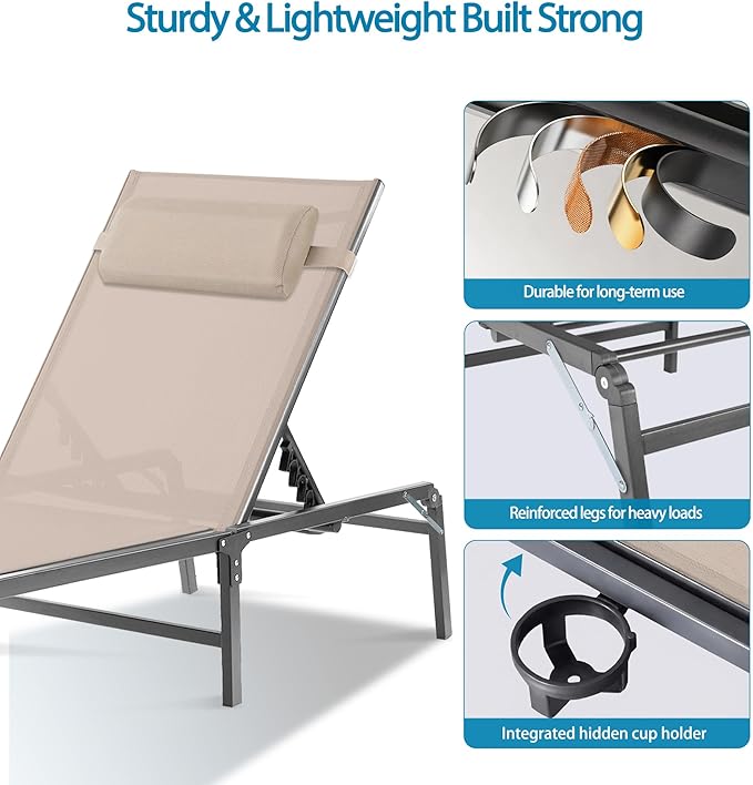 Foldable Outdoor Lounge Chairs Set of 2, No Assembly Chaise Lounge Outdoor with Cup Holder and 6 Adjustable Positions - Photo 6