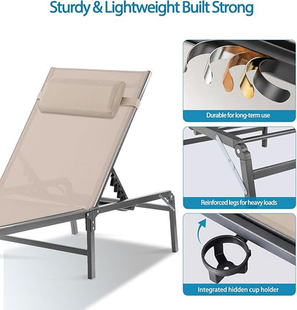Foldable Outdoor Lounge Chairs Set of 4, No Assembly Chaise Lounge Outdoor with Cup Holder and 6 Adjustable Positions, Patio Lounge Chair with Detachable Pillow for Outside Poolside Beach Pool, Khaki