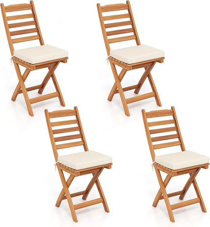 HAPPYGRILL Folding Patio Chairs Set Acacia Wood Outdoor Dining Chairs with Slatted Backrests and Soft Seat Cushions for Porch, Backyard and Garden, 400 LBS Weight Capacity (4,Back Style A)