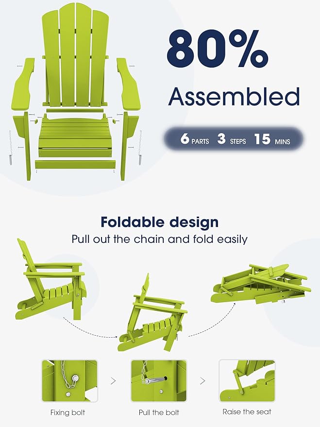 KINGYES Folding Adirondack Chair, HDPE All-Weather Patio Chairs, Wooden Textured Lawn Chair for Poolside, Backyard, Deck, Fire Pit, Apple