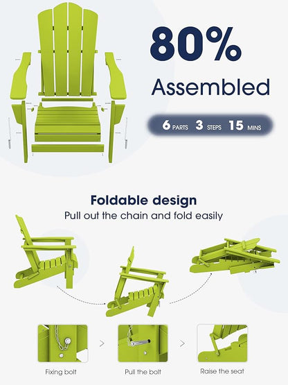 KINGYES Folding Adirondack Chair, HDPE All-Weather Patio Chairs, Wooden Textured Lawn Chair for Poolside, Backyard, Deck, Fire Pit, Apple