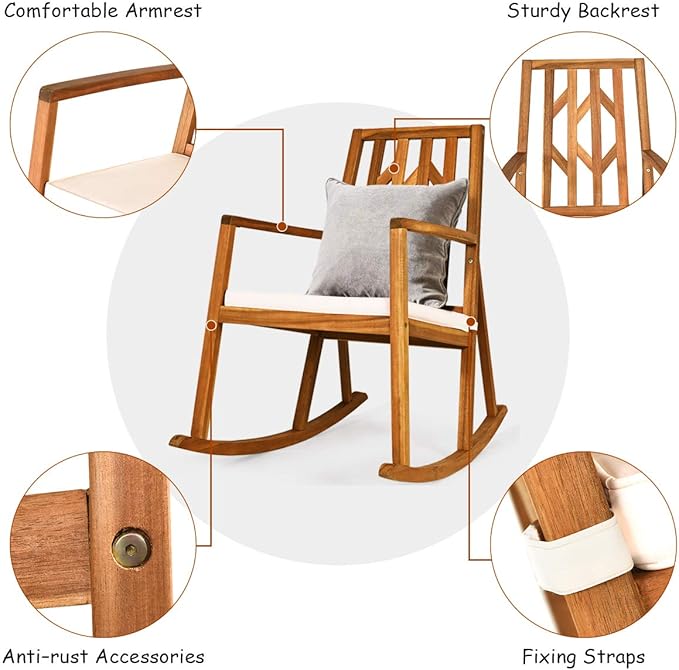 RELAX4LIFE Wooden Rocking Chair Outdoor - Oversized Patio Rocker w/High Backrest, Long Armrest, Removable Soft Cushion, Porch Rocking Chair for Backyard, Garden, Patio Rocking Chair (1, White)