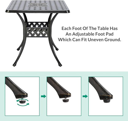 VIVIJASON 30.5" Patio Table Outdoor Dining Square Table Bronze Cast Aluminum Dining Table with Umbrella Hole