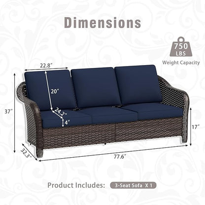 77 inch Outdoor Wicker 3 Seater Sofa, All-Weather Use Patio Rattan Sofa with Seat and Back Cushion, Ideal for Porch, Backyard, Balcony, Poolside, Blue