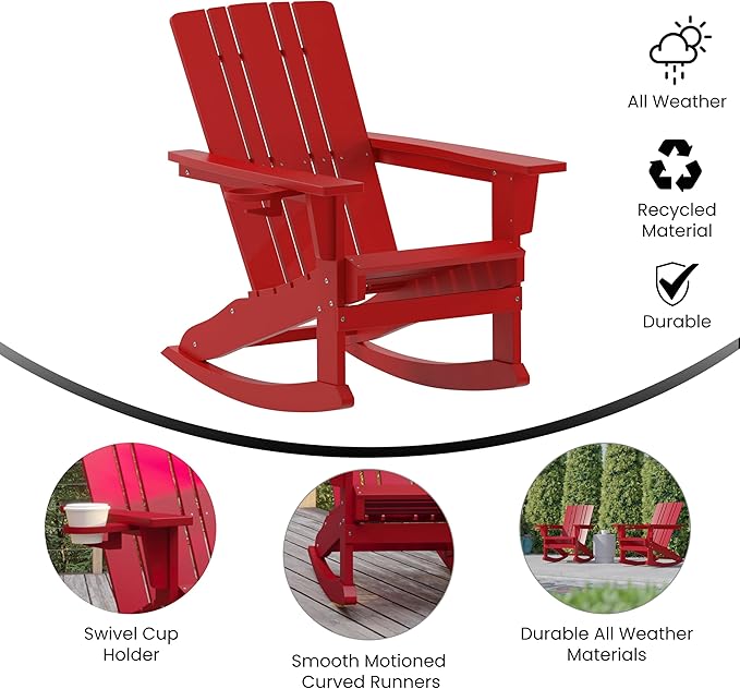 Flash Furniture Halifax Adirondack Rocking Chairs with Cup Holder, Weather Resistant Poly Resin Adirondack Rocking Chairs, Set of 2, Red