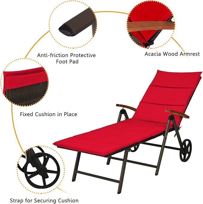 Tangkula Foldable Lounge Chair Outdoor, Wicker Chaise Lounge with Aluminum Frame - Photo 8