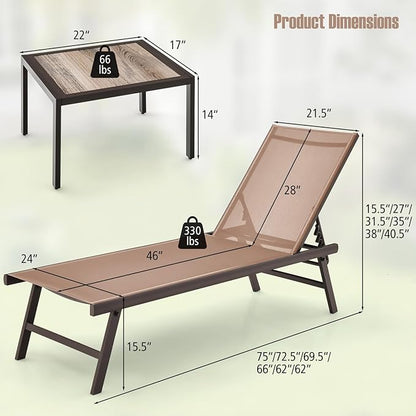Tangkula 3 Piece Patio Chaise Lounge Set, Aluminum Patio Recliner with Coffee Table, 6-Level Backrest Adjustment, Outdoor Lounge Chair & Side Table Set for Poolside, Backyard (Brown)
