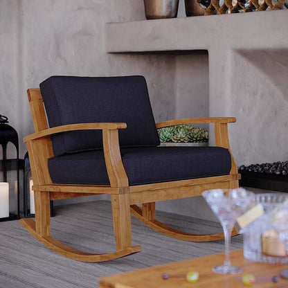 Modway Marina Outdoor Patio Teak Rocking Chair in Natural Navy