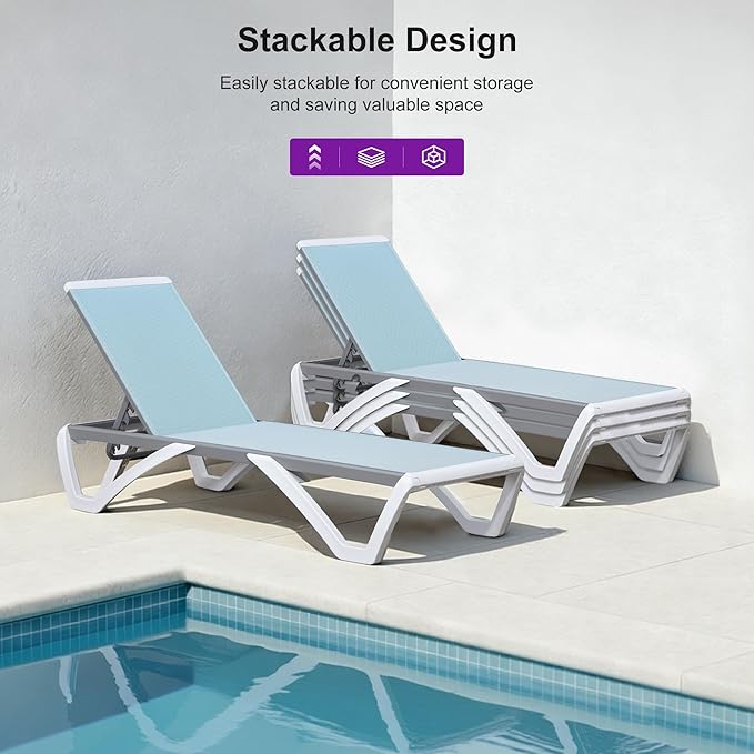 PURPLE LEAF Patio Chaise Lounge Chair Set of 3 Outside Aluminum Plastic Stackable Tanning Chairs for Pool Sunbathing Beach Deck Outdoor Lounger, Light Blue