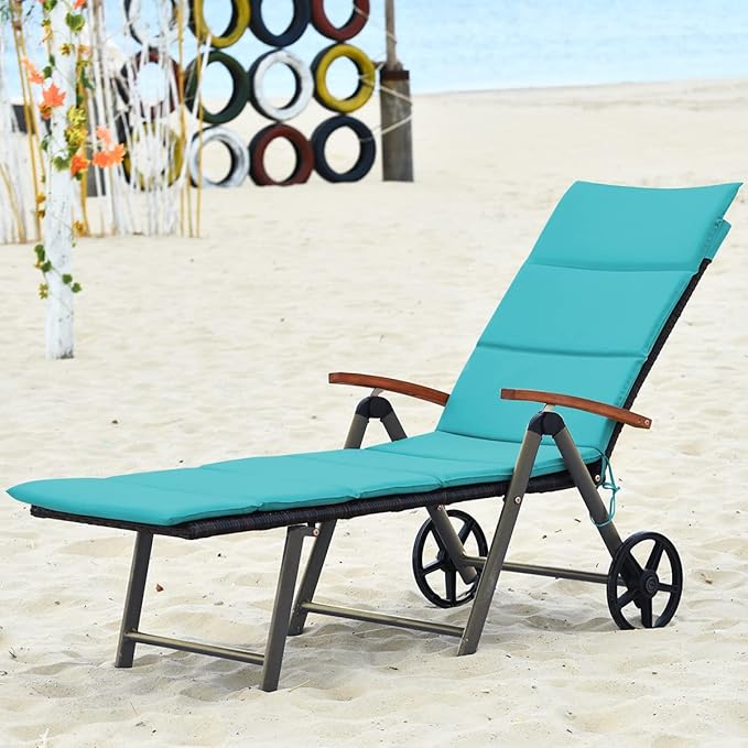 COSTWAY Folding Rattan Lounge with Wheels, Aluminum Patio Lounger with 7 Adjustable Positions, Soft Cushion - Photo 2