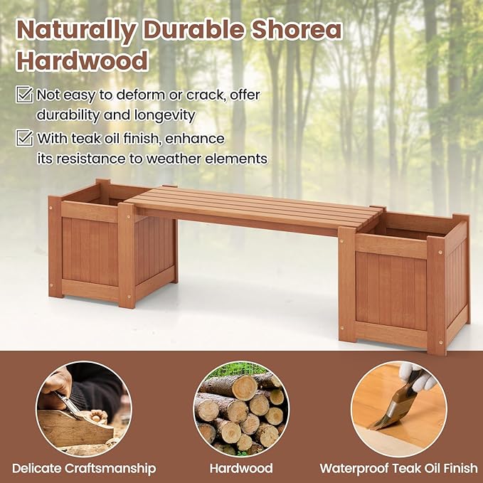 Moccha Wood Garden Bench with Planter Boxes, Raised Garden Bed with Open-Ended Base, Teak Oil Finish, Patio Planter Box Bench, Outdoor Plant Container for Garden, Yard, Lawn, Balcony, DIY Assembly