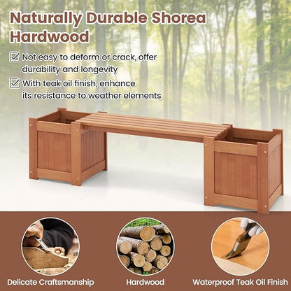 Moccha Wood Garden Bench with Planter Boxes, Raised Garden Bed with Open-Ended Base, Teak Oil Finish, Patio Planter Box Bench, Outdoor Plant Container for Garden, Yard, Lawn, Balcony, DIY Assembly