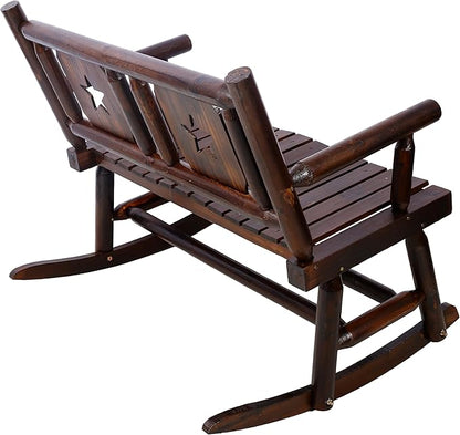 Outdoor Wood Rocking Chair, All-Weather Resistant 2-Person Loveseat,Heavy Duty Bench with Wide Curved Seats, Modern Solid Wood Rocking Loveseat for Patio, Backyard, Garden,Porch, Rustic Brown