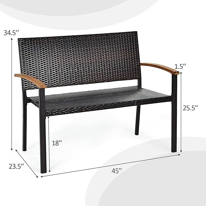 Tangkula 2 Pieces Patio Wicker Bench, All Weather Rattan Bench w/Acacia Wood Armrest, Outdoor Loveseat Chair, Lightweight Patio Stackable Dining Bench for Front Porch, Backyard, Garden, Pool, Deck