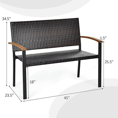 Tangkula 2 Pieces Patio Wicker Bench, All Weather Rattan Bench w/Acacia Wood Armrest, Outdoor Loveseat Chair, Lightweight Patio Stackable Dining Bench for Front Porch, Backyard, Garden, Pool, Deck