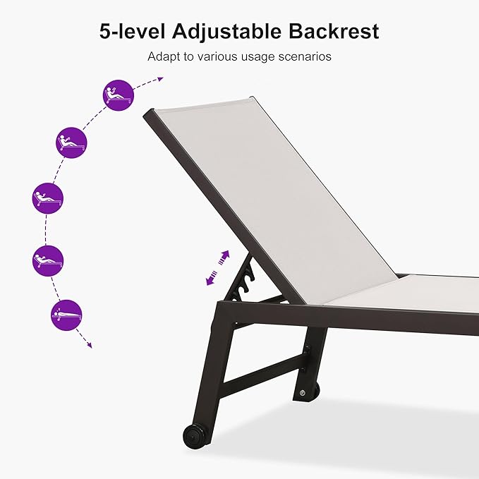 PURPLE LEAF Oversized Patio Lounge Chairs Set of 3, Reclining Pool Lounge Chairs with Side Table and Wheels for All Weather for Outdoor, Deck, Lawn, Aluminum Outside Pool, Linen