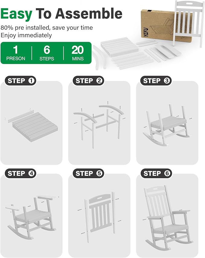 YEFU Outdoor Rocking Chairs Set of 4: Patio Rocking Chair for Adult, Outdoor Rocker Weather Resistant, Easy to Assemble, Safe&Comfortable, White