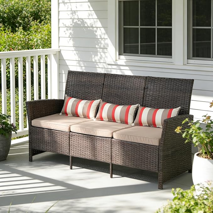 SUNSITT Outdoor Furniture 3 Seats Patio Couch, Outdoor Wicker Sofa, Brown PE Wicker with Beige Cushions & Lumbar - Photo 1