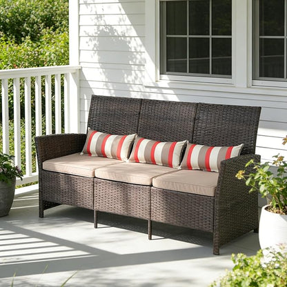 SUNSITT Outdoor Furniture 3 Seats Patio Couch, Outdoor Wicker Sofa, Brown PE Wicker with Beige Cushions & Lumbar Pillows, Porch, Backyard, Pool, Steel Frame | Brown PE Wicker, Beige Cushions, Lumbar Pillows, Steel Frame, Outdoor Wicker Sofa