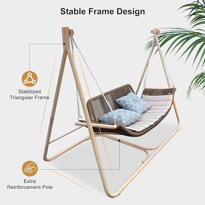 PURPLE LEAF 2 Seat Porch Swing with 12 White LED Lights Outdoor Hand-Woven Rattan Hanging Cloud Swing Chair for Indoor Backyard Garden Patio Hammock Swinging, Cushion and Pillows Included