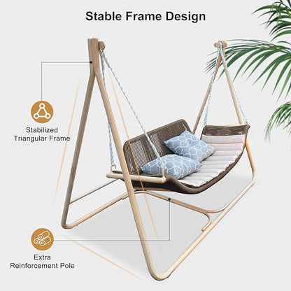 PURPLE LEAF 2 Seat Porch Swing with 12 White LED Lights Outdoor Hand-Woven Rattan Hanging Cloud Swing Chair for Indoor Backyard Garden Patio Hammock Swinging, Cushion and Pillows Included