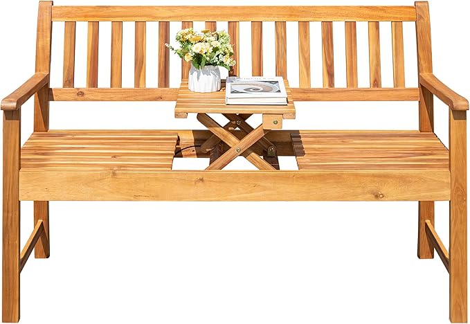 Greesum Outdoor Bench 2-Person Acacia Garden Chair Patio Porch Furniture with Foldable Small Table Plate for Deck, Yard - Photo 1