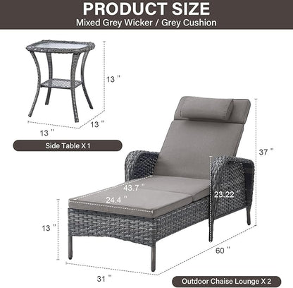 Belord 3 Piece Outdoor Chaise Lounge Patio Recliner - 75 Inch Adjustable Wicker Chaise Lounge with Soft Pillow Removable Cushions, All Weather Rattan Pool Lounge Chair Set 2 Poolside Deck Grey/Grey