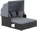 Tangkula Patio Rattan Daybed with Retractable Canopy, Outdoor Wicker Sunbed Lounger with 2 Foldable Side Tables - Photo 1