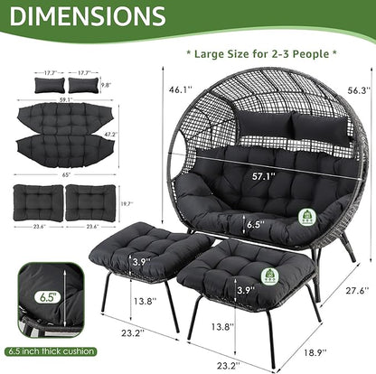 NICESOUL Luxury Double Egg Chair with Footrest & Cushions, Two Person Wicker Eggshell Chair Large with Ottoman, 2 Person Loveseat Comfort Deep Seating for Interiors Exteriors Balcony Dark Gray