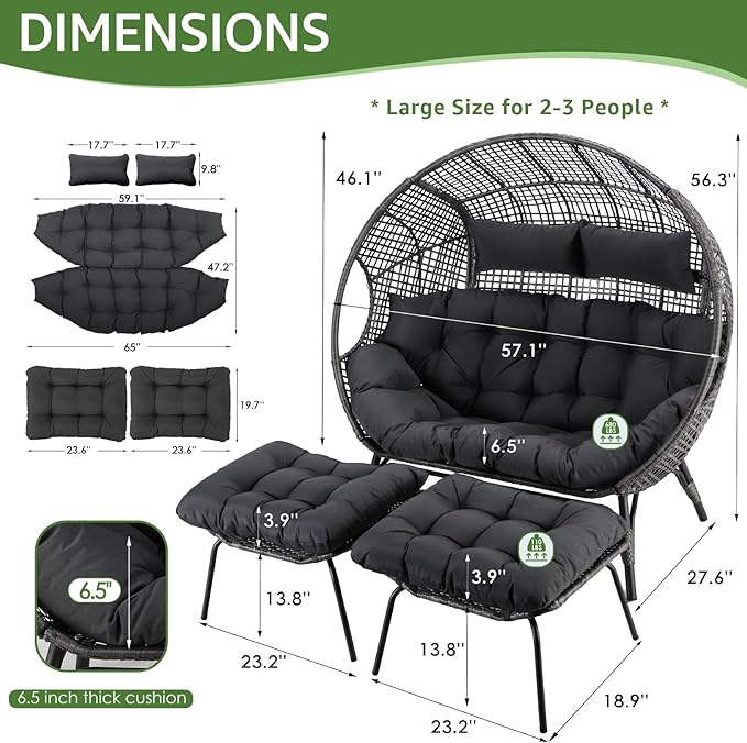 NICESOUL Indoor Outdoor Double Egg Chair with Footrest Padded Cushion - Photo 3