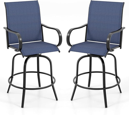 Tangkula Outdoor Swivel Bar Stools Set of 2, Bar Height Tall Patio Chairs with Armrests & High Back, Cozy Footrest & Solid Metal Support, High Top Bar Chairs for Backyard, Balcony, Poolside (1, Navy)