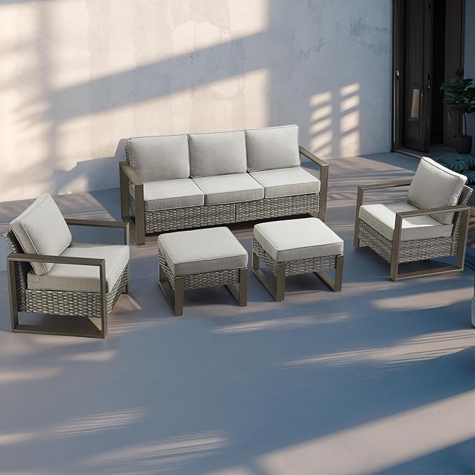 Rilyson Outdoor Wicker Patio Furniture Set - 5 Piece Patio Conversation Set with 2 Wicker Armrest Chairs,2 Rattan Ottoman and 1 Couch,Sturdy Frame,Thick Cushions,Deep Seating(Mixed Grey/Grey)