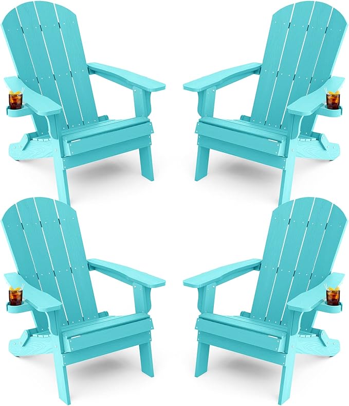 YEFU Adirondack Chair, Foldable Oversized Plastic Adirondack Chair Set of 4 with Cup Holder, Patio Chair with Weather Resistant for Outside Deck Lawn, Weight Capacity Up to 400 Lbs –Aruba