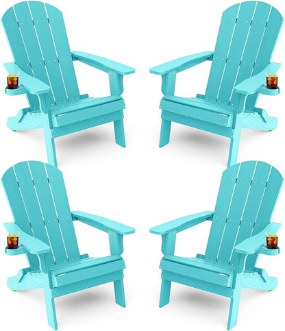 YEFU Adirondack Chair, Foldable Oversized Plastic Adirondack Chair Set of 4 with Cup Holder, Patio Chair with Weather Resistant for Outside Deck Lawn, Weight Capacity Up to 400 Lbs –Aruba