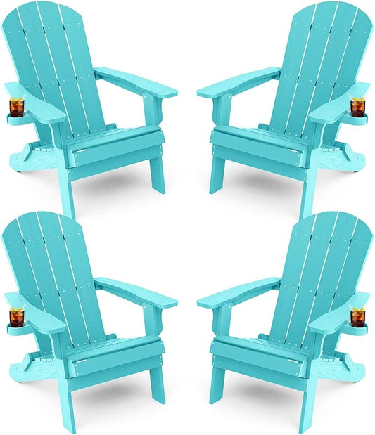 YEFU Adirondack Chair, Foldable Oversized Plastic Adirondack Chair Set of 4 with Cup Holder, Patio Chair with Weather Resistant for Outside Deck Lawn, Weight Capacity Up to 400 Lbs –Aruba