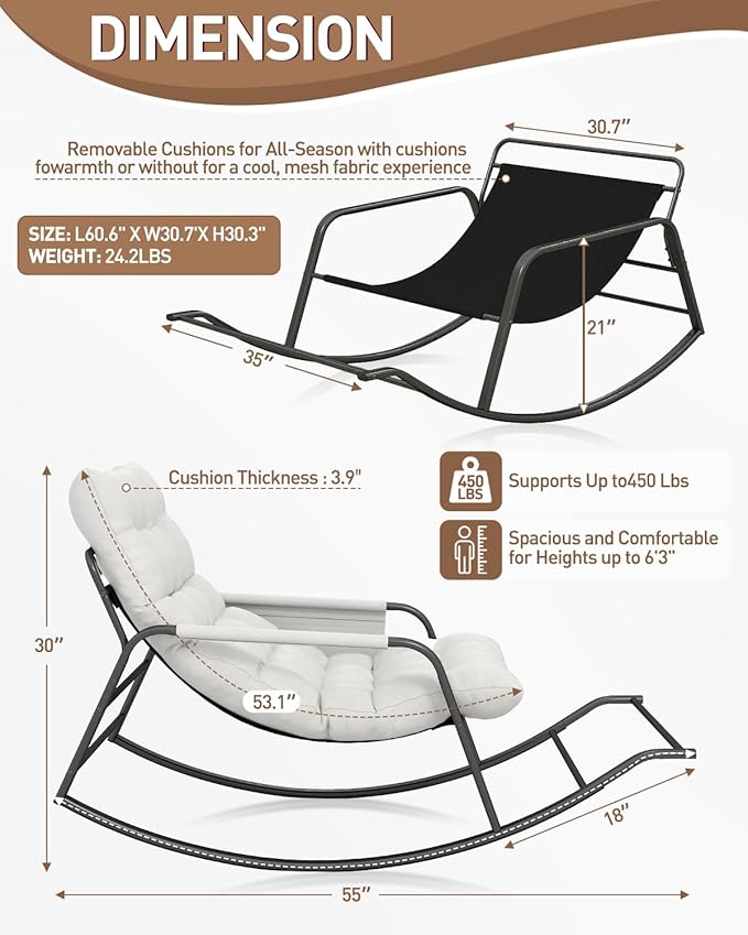 Oversized Indoor Rocking Chair, Plush Papasan Chair with Comfy Padded Cushions & Side Pocket, for Patio Garden, Porch, Lounge, Outdoor, Beige