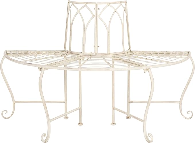 SAFAVIEH Outdoor Furniture Collection – Abia Antique White Distressed Wrought Iron 50-Inch Curved Tree Bench - Photo 1