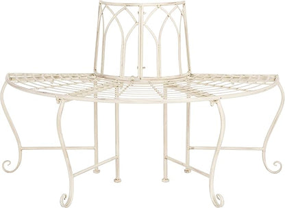 SAFAVIEH Outdoor Furniture Collection – Abia Antique White Distressed Wrought Iron 50-Inch Curved Tree Bench, Garden & Patio Seating (PAT5018A)