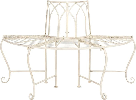 SAFAVIEH Outdoor Furniture Collection – Abia Antique White Distressed Wrought Iron 50-Inch Curved Tree Bench, Garden & Patio Seating (PAT5018A)