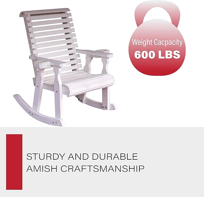 Amish Heavy Duty 600 Lb Roll Back Pressure Treated Rocking Chair with Cupholders (Semi-Solid White Stain)